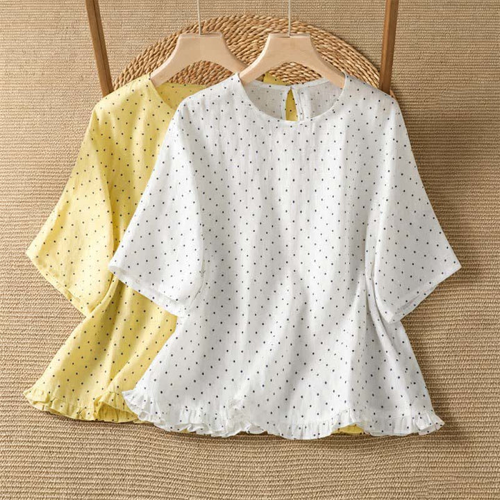 Buddha Stones T-shirt da donna a maniche corte con orlo arricciato e stampa a pois, ideale per l'estate. - image 16