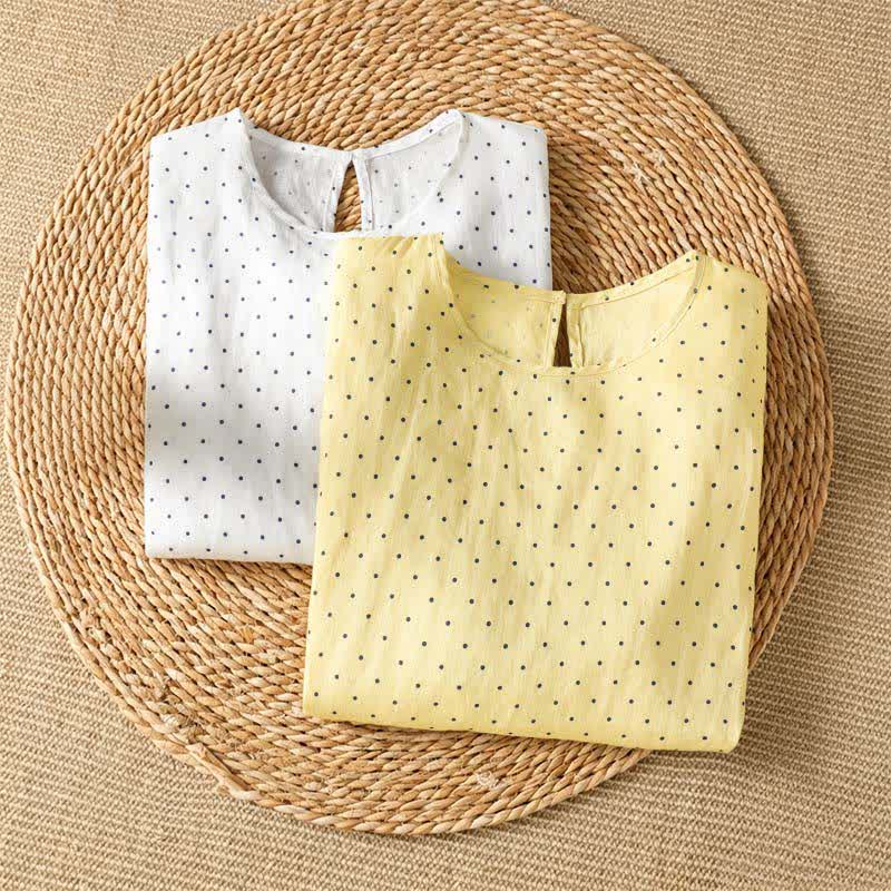 Buddha Stones T-shirt da donna a maniche corte con orlo arricciato e stampa a pois, ideale per l'estate. - image 17