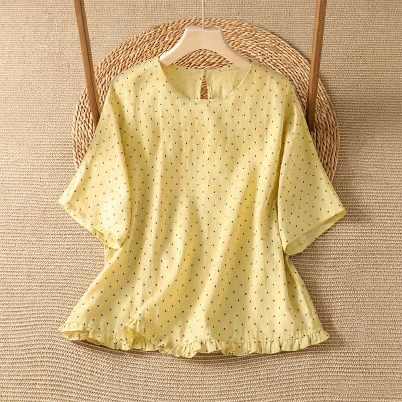 Buddha Stones T-shirt da donna a maniche corte con orlo arricciato e stampa a pois, ideale per l'estate. - Giallo chiaro - US8-10, UK/AU12-14, EU40-42 (2XL) - image 0