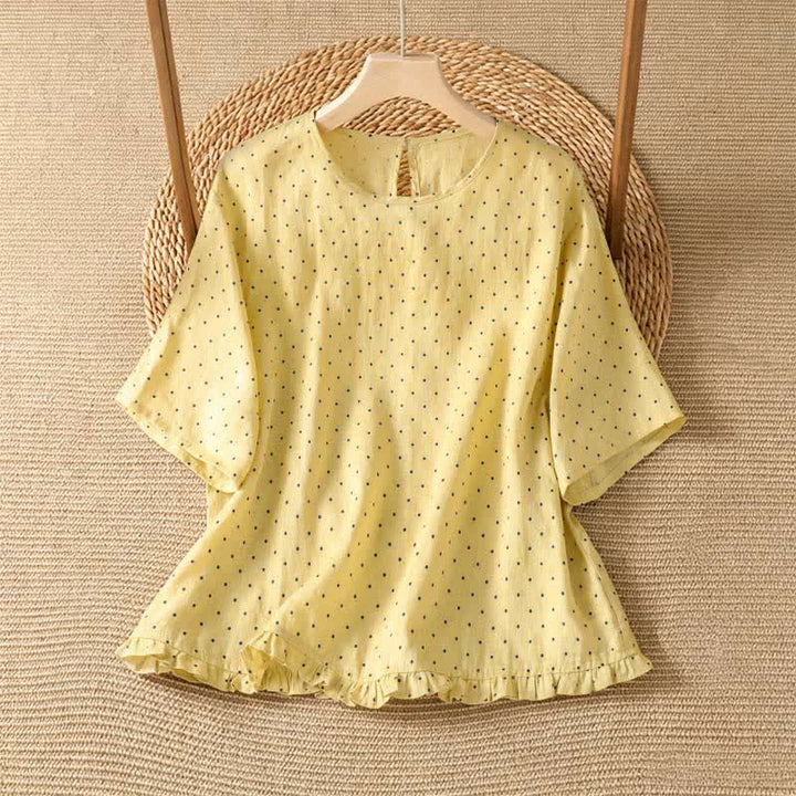 Buddha Stones T-shirt da donna a maniche corte con orlo arricciato e stampa a pois, ideale per l'estate. - Giallo chiaro - US8-10, UK/AU12-14, EU40-42 (2XL) - image 0