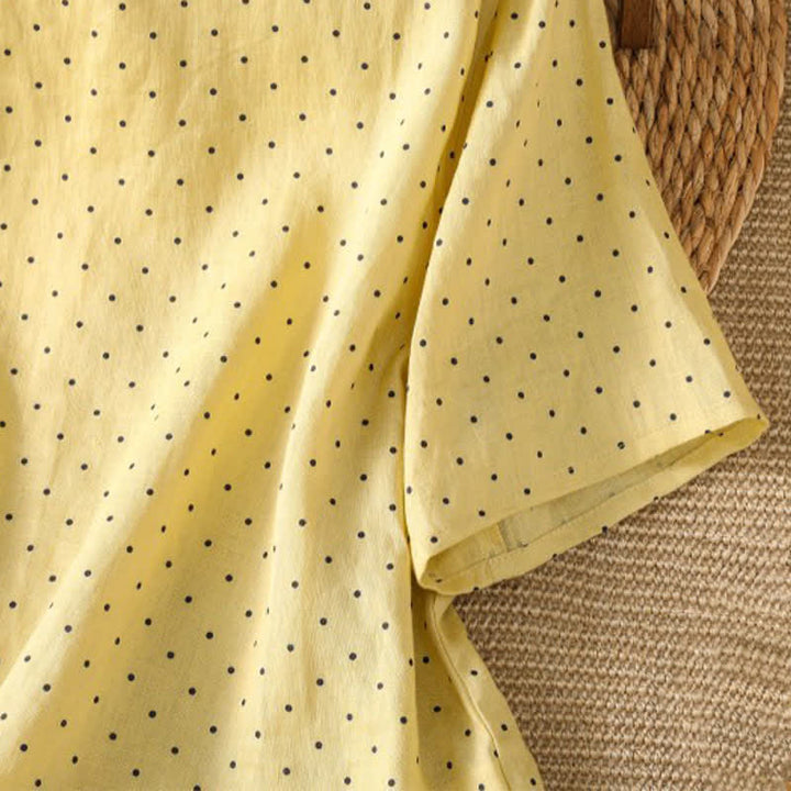 Buddha Stones T-shirt da donna a maniche corte con orlo arricciato e stampa a pois, ideale per l'estate. - image 4