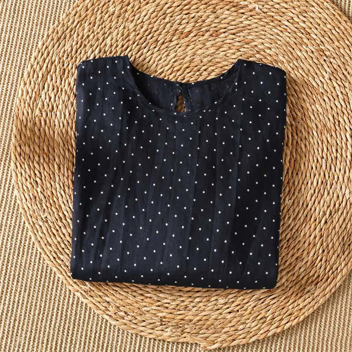 Buddha Stones T-shirt da donna a maniche corte con orlo arricciato e stampa a pois, ideale per l'estate. - image 6