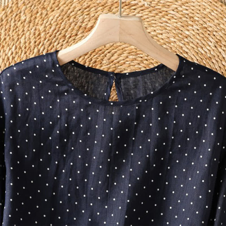 Buddha Stones T-shirt da donna a maniche corte con orlo arricciato e stampa a pois, ideale per l'estate. - image 7