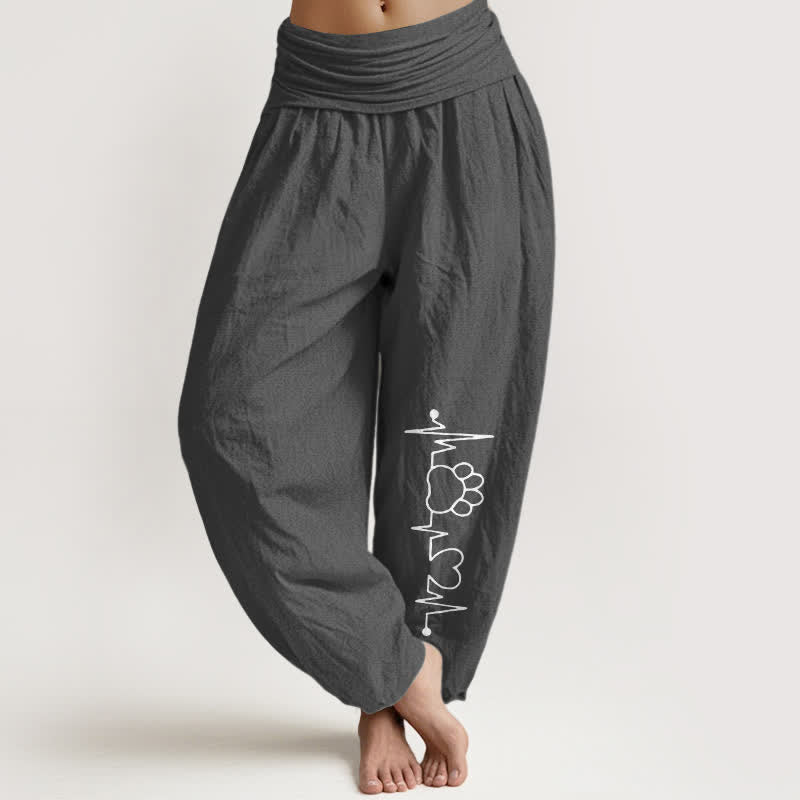 Buddha Stones Pantaloni harem da donna in puro cotone con stampa di zampe e battito cardiaco, elastico in vita. - Grigio tenue - US16, UK/AU20, EU48 (3XL) - image 8