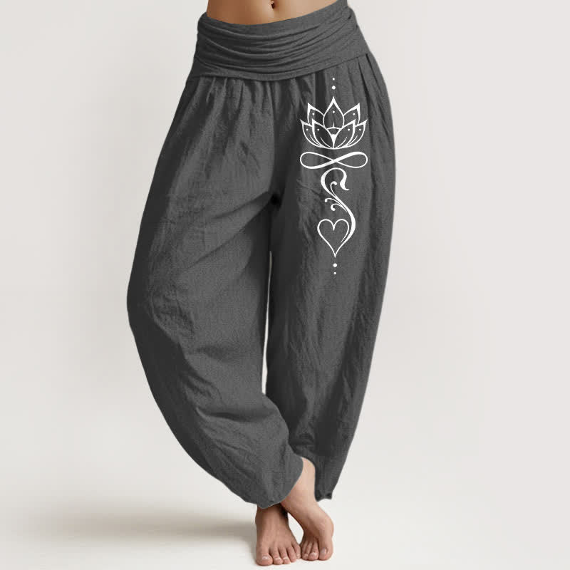 Buddha Stones Pantaloni harem da donna in puro cotone bianco con motivo a loto stilizzato e vita elasticizzata. - Grigio tenue - US16, UK/AU20, EU48 (3XL) - image 0