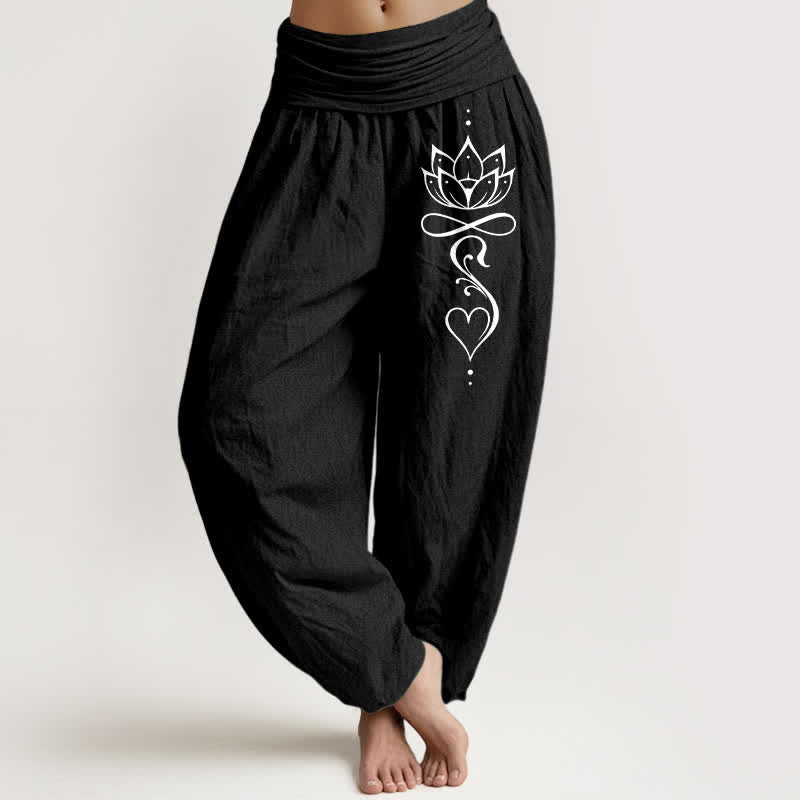 Buddha Stones Pantaloni harem da donna in puro cotone bianco con motivo a loto stilizzato e vita elasticizzata. - Nero - US16, UK/AU20, EU48 (3XL) - image 5