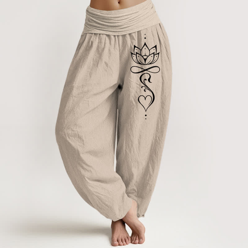Buddha Stones Pantaloni harem da donna in puro cotone bianco con motivo a loto stilizzato e vita elasticizzata. - Tan - US16, UK/AU20, EU48 (3XL) - image 11
