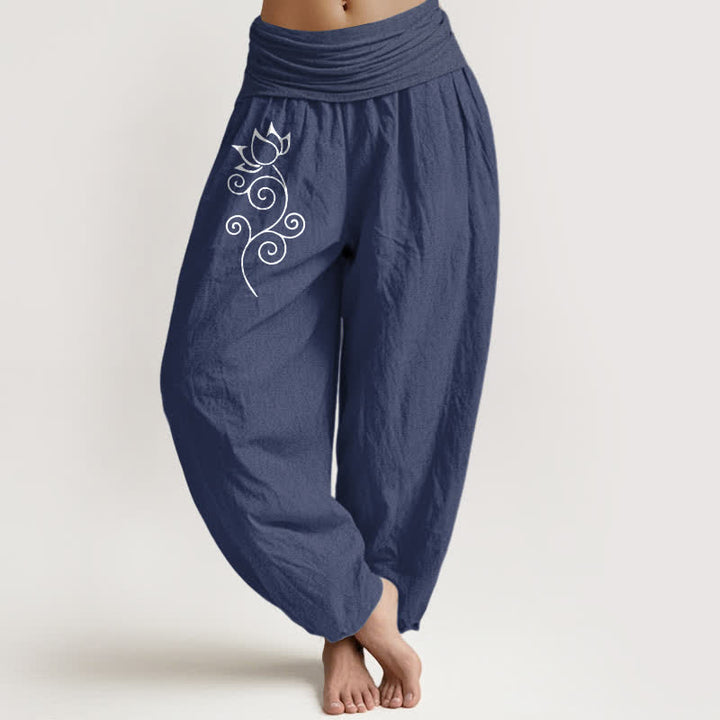 Buddha Stones Pantaloni harem da donna in puro cotone bianco con motivo floreale a loto e vita elasticizzata. - Blu ardesia scuro - US16, UK/AU20, EU48 (3XL) - image 0