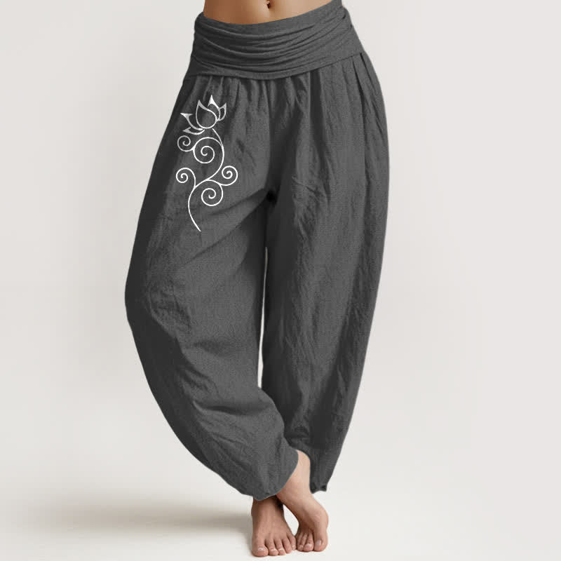 Buddha Stones Pantaloni harem da donna in puro cotone bianco con motivo floreale a loto e vita elasticizzata. - Grigio tenue - US16, UK/AU20, EU48 (3XL) - image 8