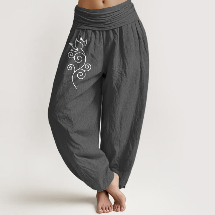 Buddha Stones Pantaloni harem da donna in puro cotone bianco con motivo floreale a loto e vita elasticizzata. - Grigio tenue - US16, UK/AU20, EU48 (3XL) - image 8