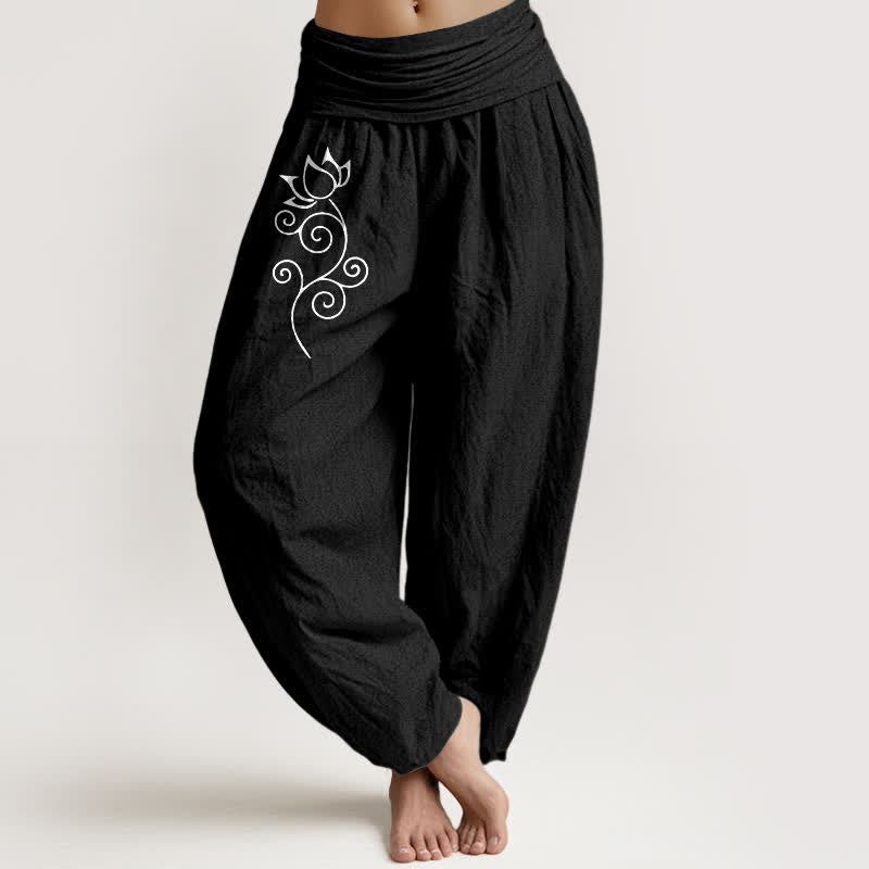 Buddha Stones Pantaloni harem da donna in puro cotone bianco con motivo floreale a loto e vita elasticizzata. - Nero - US16, UK/AU20, EU48 (3XL) - image 5