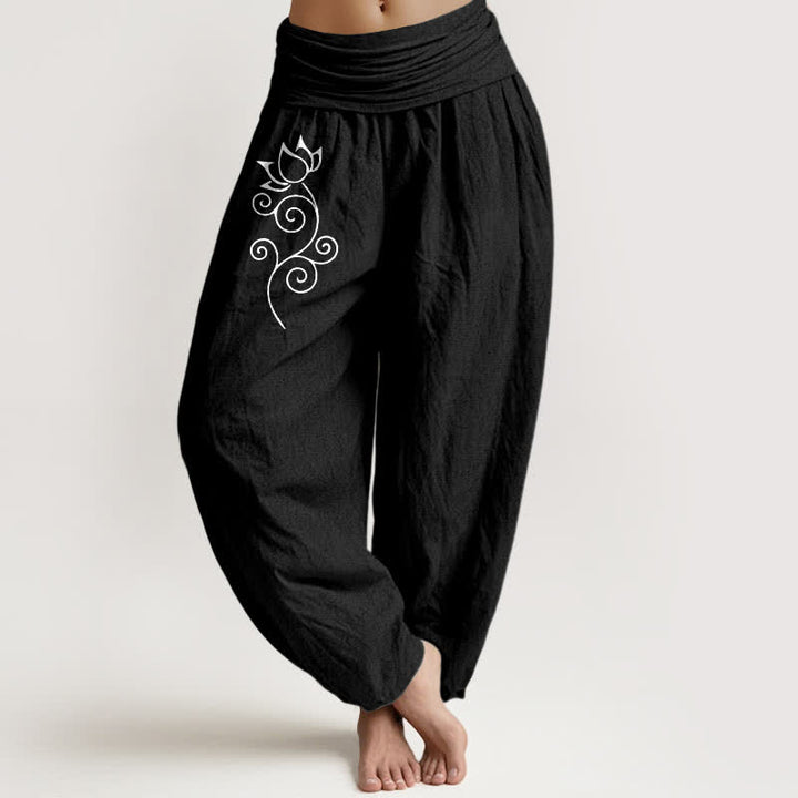 Buddha Stones Pantaloni harem da donna in puro cotone bianco con motivo floreale a loto e vita elasticizzata. - Nero - US16, UK/AU20, EU48 (3XL) - image 5