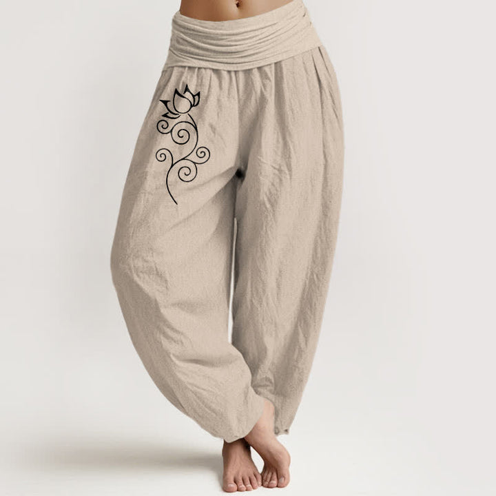 Buddha Stones Pantaloni harem da donna in puro cotone bianco con motivo floreale a loto e vita elasticizzata. - Tan - US16, UK/AU20, EU48 (3XL) - image 11