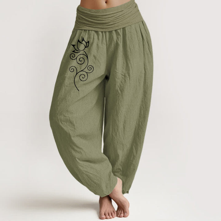 Buddha Stones Pantaloni harem da donna in puro cotone bianco con motivo floreale a loto e vita elasticizzata. - Verde oliva - US16, UK/AU20, EU48 (3XL) - image 14