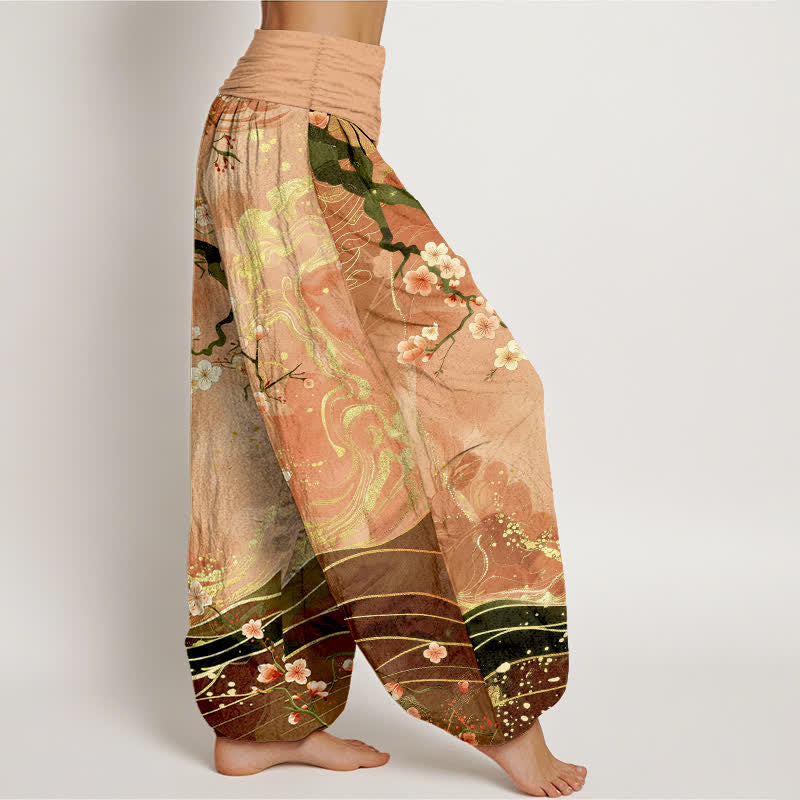 Buddha Stones Pantaloni harem da donna in puro cotone con motivo a rami di ciliegio in fiore e vita elasticizzata. - image 1