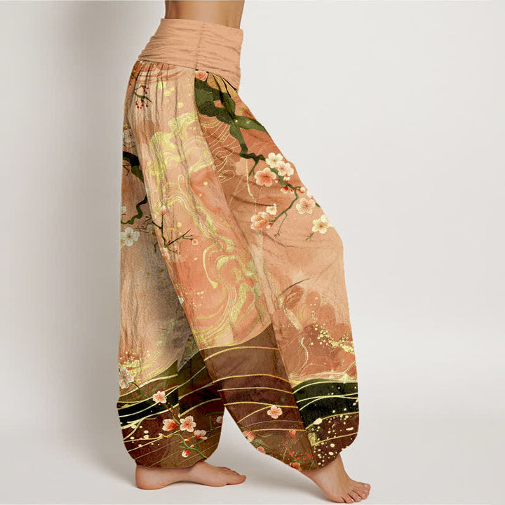 Buddha Stones Pantaloni harem da donna in puro cotone con motivo a rami di ciliegio in fiore e vita elasticizzata. - image 1
