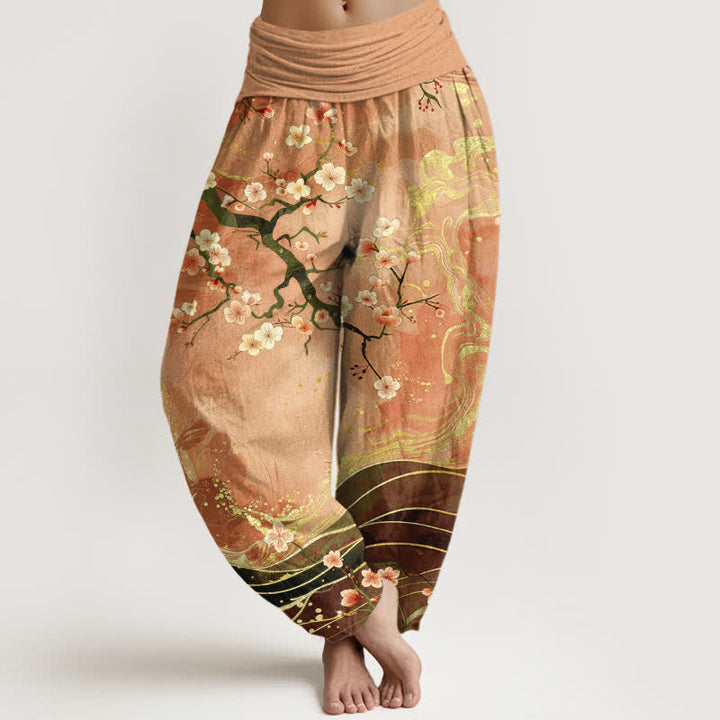 Buddha Stones Pantaloni harem da donna in puro cotone con motivo a rami di ciliegio in fiore e vita elasticizzata. - Legno robusto - US16, UK/AU20, EU48 (3XL) - image 0