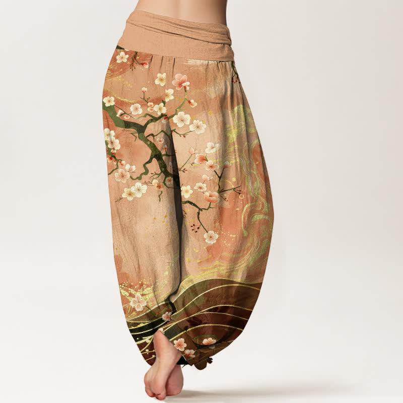 Buddha Stones Pantaloni harem da donna in puro cotone con motivo a rami di ciliegio in fiore e vita elasticizzata. - image 2