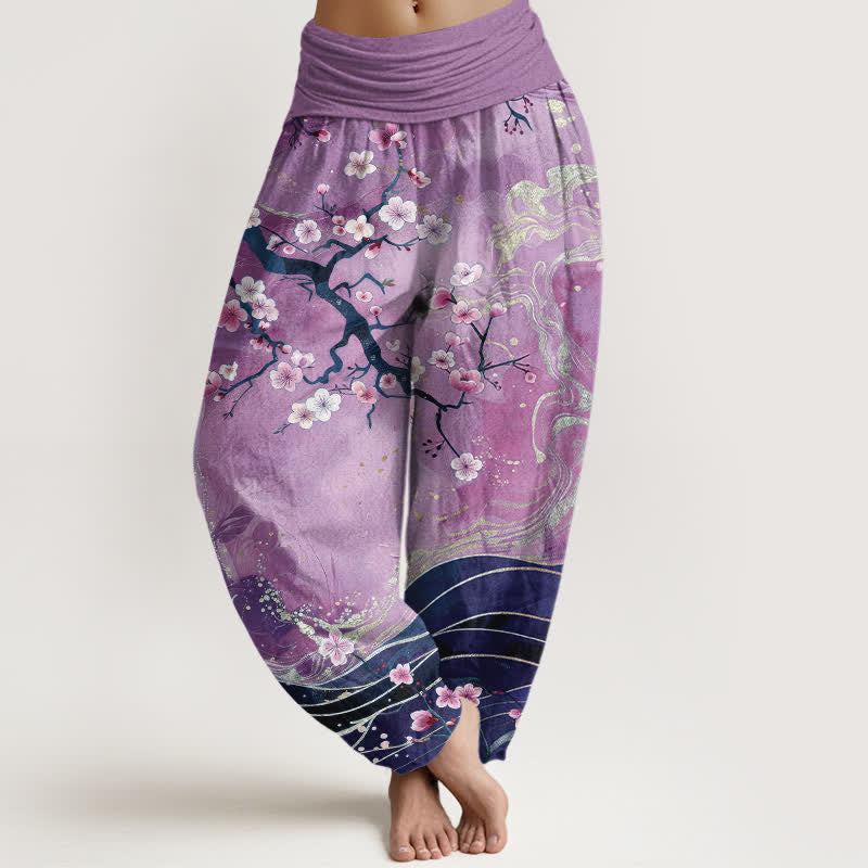 Buddha Stones Pantaloni harem da donna in puro cotone con motivo a rami di ciliegio in fiore e vita elasticizzata. - Prugna - US16, UK/AU20, EU48 (3XL) - image 5