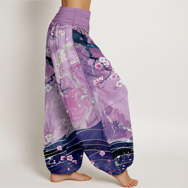 Buddha Stones Pantaloni harem da donna in puro cotone con motivo a rami di ciliegio in fiore e vita elasticizzata. - image 6