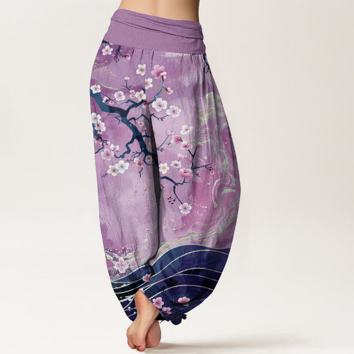 Buddha Stones Pantaloni harem da donna in puro cotone con motivo a rami di ciliegio in fiore e vita elasticizzata. - image 7