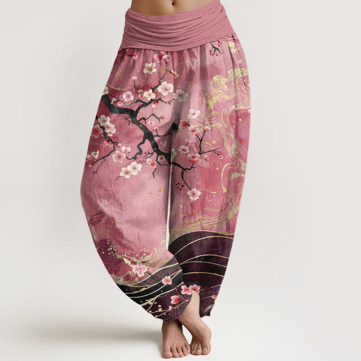 Buddha Stones Pantaloni harem da donna in puro cotone con motivo a rami di ciliegio in fiore e vita elasticizzata. - Rosso viola pallido - US16, UK/AU20, EU48 (3XL) - image 8