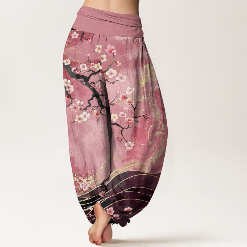 Buddha Stones Pantaloni harem da donna in puro cotone con motivo a rami di ciliegio in fiore e vita elasticizzata. - image 10