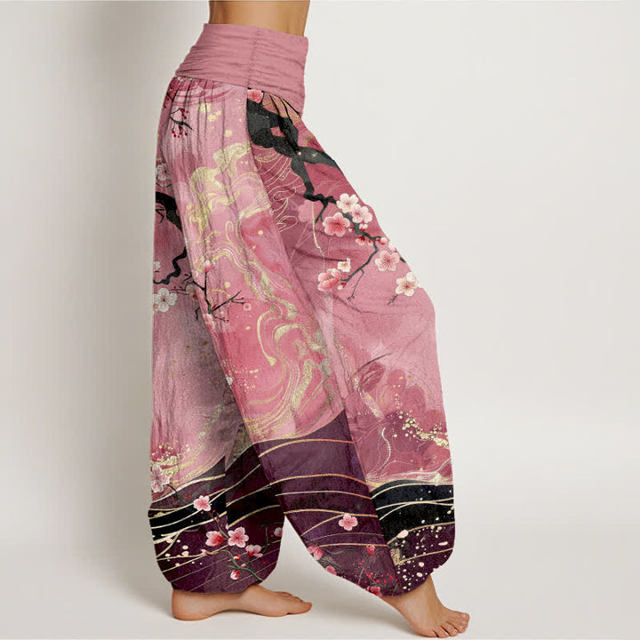 Buddha Stones Pantaloni harem da donna in puro cotone con motivo a rami di ciliegio in fiore e vita elasticizzata. - image 9
