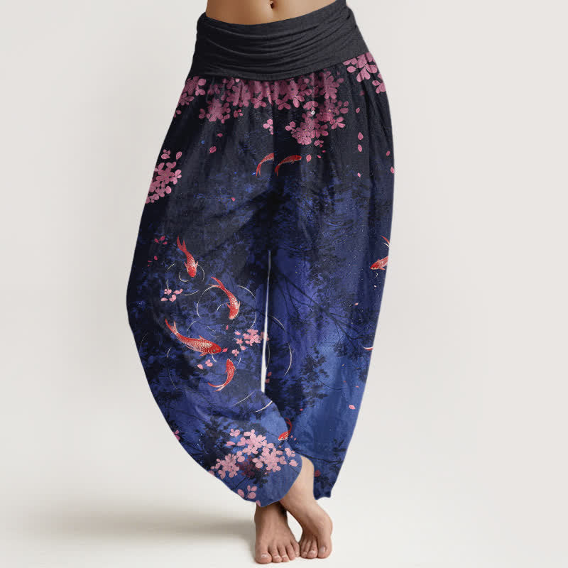 Buddha Stones Pantaloni da donna in puro cotone con elastico in vita e tasche, stampa di carpe koi e fiori di ciliegio (Sakura). - Marina - US16, UK/AU20, EU48 (3XL) - image 0