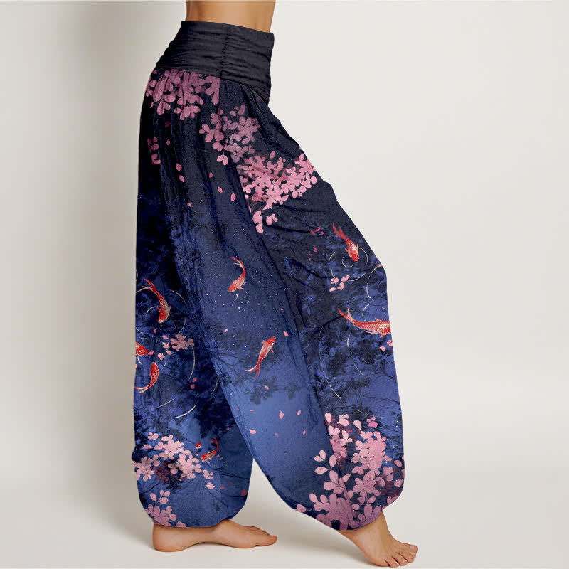 Buddha Stones Pantaloni da donna in puro cotone con elastico in vita e tasche, stampa di carpe koi e fiori di ciliegio (Sakura). - image 1