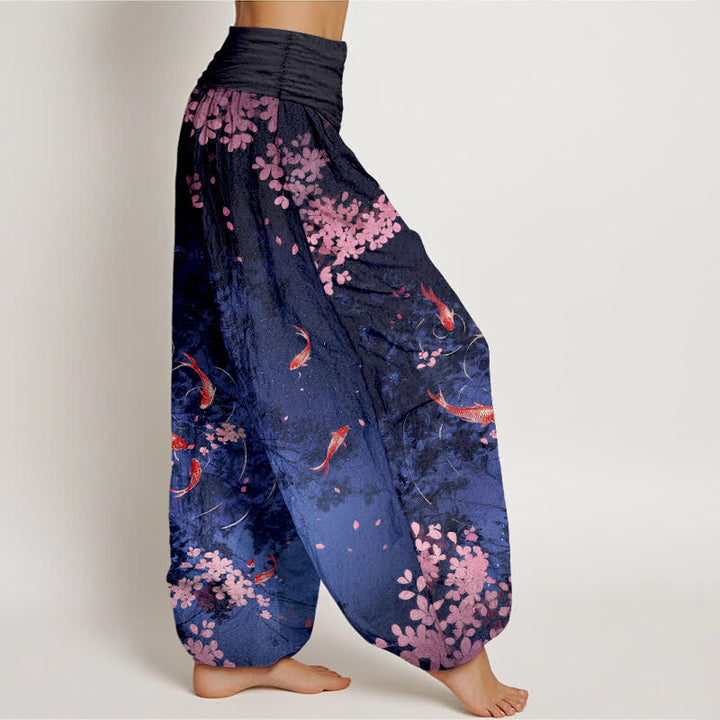 Buddha Stones Pantaloni da donna in puro cotone con elastico in vita e tasche, stampa di carpe koi e fiori di ciliegio (Sakura). - image 1