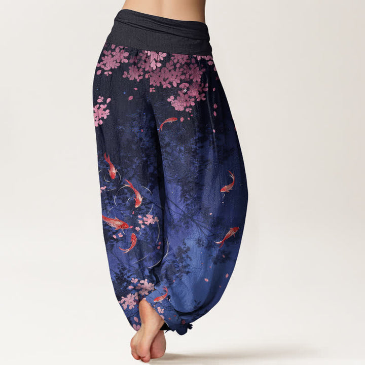 Buddha Stones Pantaloni da donna in puro cotone con elastico in vita e tasche, stampa di carpe koi e fiori di ciliegio (Sakura). - image 2