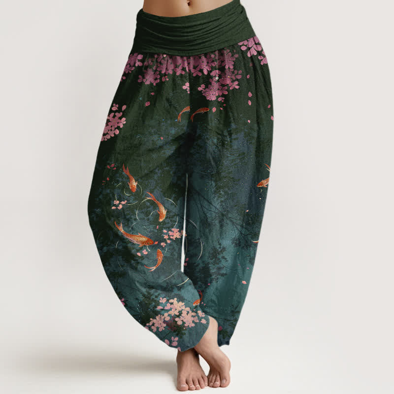 Buddha Stones Pantaloni da donna in puro cotone con elastico in vita e tasche, stampa di carpe koi e fiori di ciliegio (Sakura). - Grigio ardesia scuro - US16, UK/AU20, EU48 (3XL) - image 5