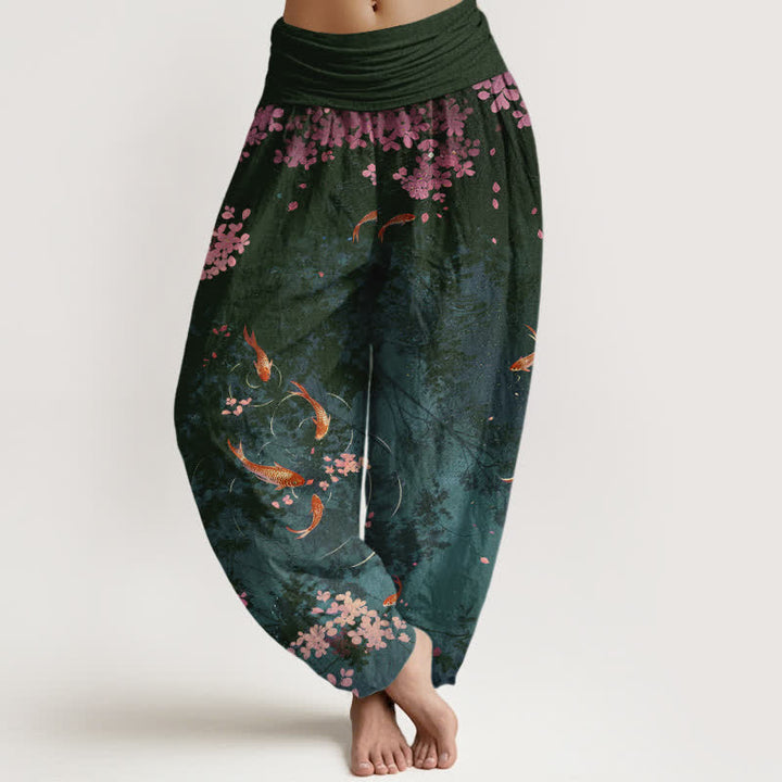 Buddha Stones Pantaloni da donna in puro cotone con elastico in vita e tasche, stampa di carpe koi e fiori di ciliegio (Sakura). - Grigio ardesia scuro - US16, UK/AU20, EU48 (3XL) - image 5