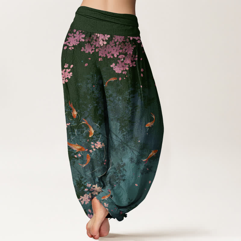 Buddha Stones Pantaloni da donna in puro cotone con elastico in vita e tasche, stampa di carpe koi e fiori di ciliegio (Sakura). - image 7