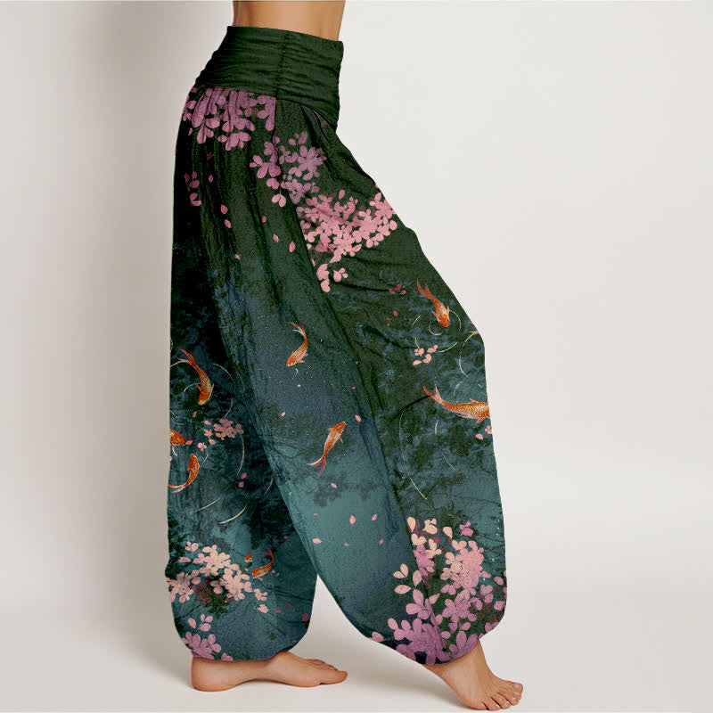 Buddha Stones Pantaloni da donna in puro cotone con elastico in vita e tasche, stampa di carpe koi e fiori di ciliegio (Sakura). - image 6