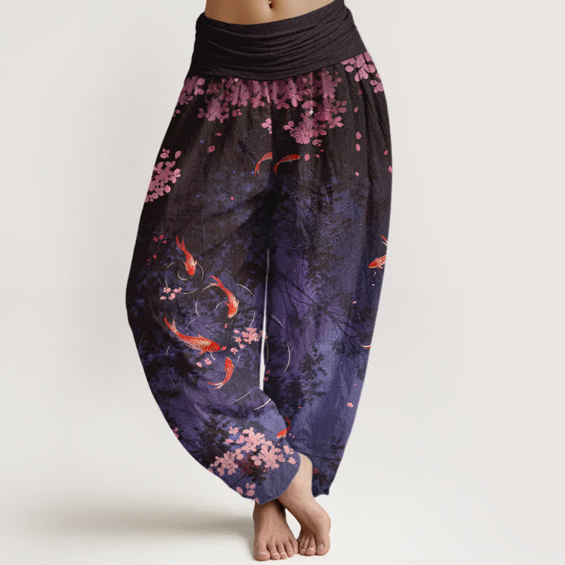 Buddha Stones Pantaloni da donna in puro cotone con elastico in vita e tasche, stampa di carpe koi e fiori di ciliegio (Sakura). - Indaco - US16, UK/AU20, EU48 (3XL) - image 8