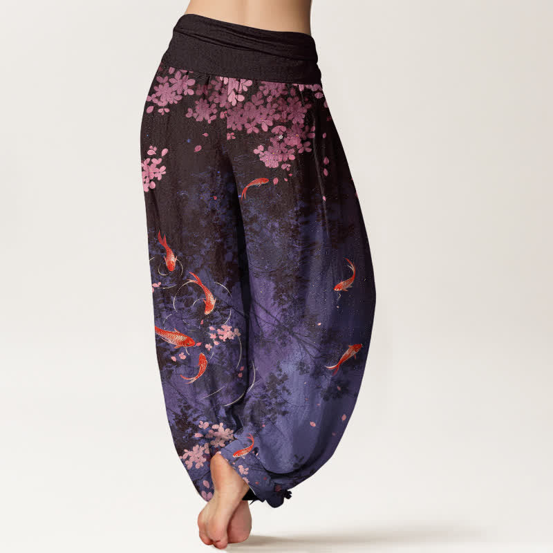Buddha Stones Pantaloni da donna in puro cotone con elastico in vita e tasche, stampa di carpe koi e fiori di ciliegio (Sakura). - image 10