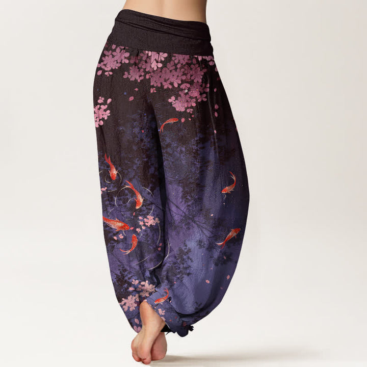 Buddha Stones Pantaloni da donna in puro cotone con elastico in vita e tasche, stampa di carpe koi e fiori di ciliegio (Sakura). - image 10