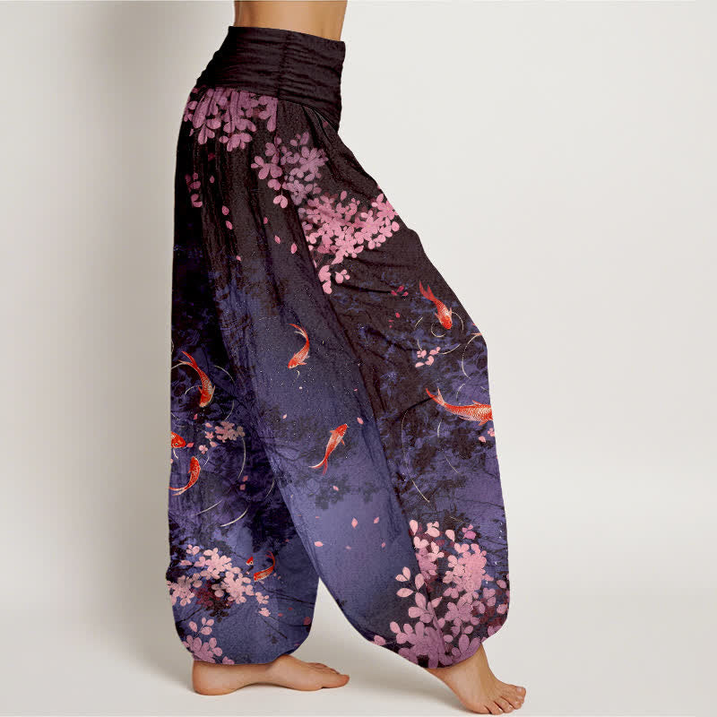 Buddha Stones Pantaloni da donna in puro cotone con elastico in vita e tasche, stampa di carpe koi e fiori di ciliegio (Sakura). - image 9