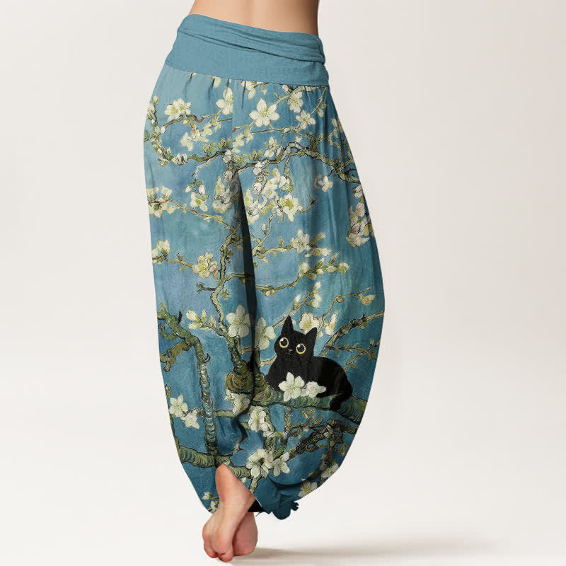Buddha Stones Pantaloni harem da donna in puro cotone con motivo floreale e gatto, vita elasticizzata. - image 2