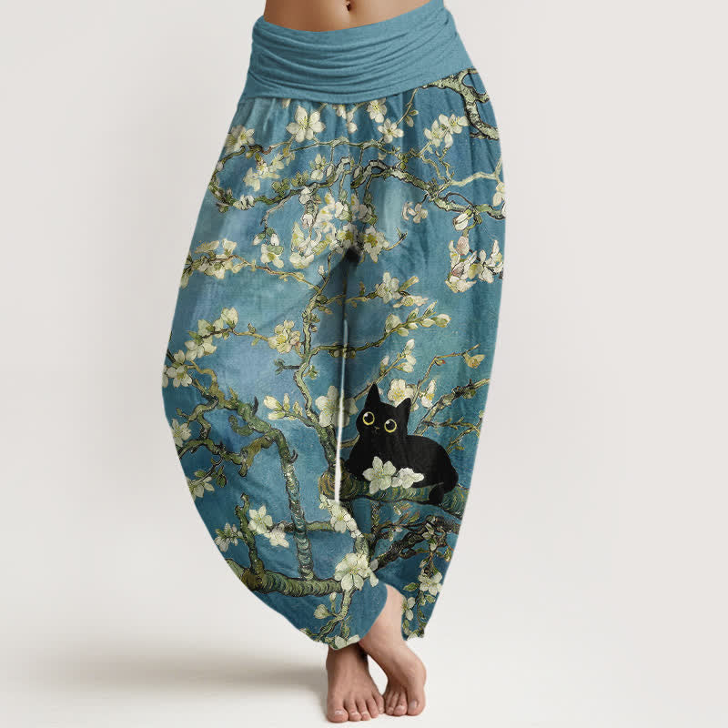 Buddha Stones Pantaloni harem da donna in puro cotone con motivo floreale e gatto, vita elasticizzata. - Cadetto Blu - US16, UK/AU20, EU48 (3XL) - image 0