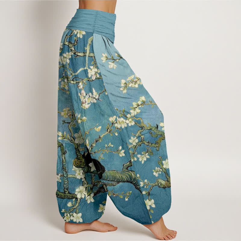 Buddha Stones Pantaloni harem da donna in puro cotone con motivo floreale e gatto, vita elasticizzata. - image 1