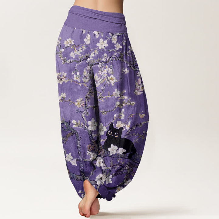Buddha Stones Pantaloni harem da donna in puro cotone con motivo floreale e gatto, vita elasticizzata. - image 7
