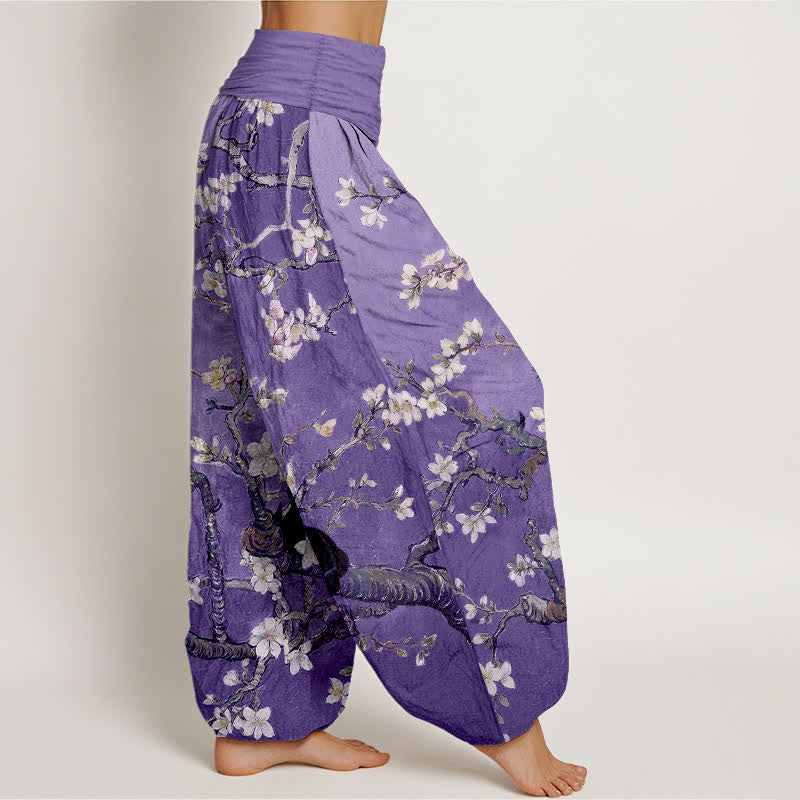 Buddha Stones Pantaloni harem da donna in puro cotone con motivo floreale e gatto, vita elasticizzata. - image 6