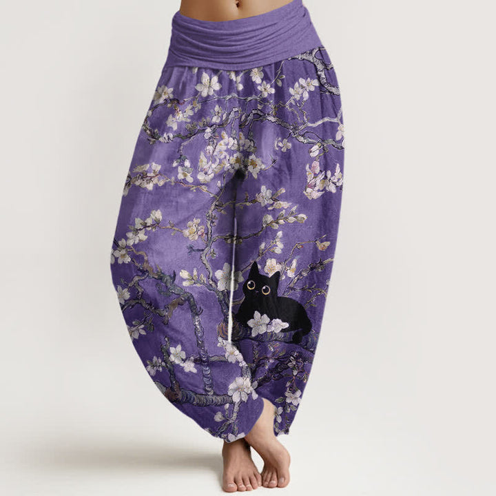 Buddha Stones Pantaloni harem da donna in puro cotone con motivo floreale e gatto, vita elasticizzata. - Viola medio - US16, UK/AU20, EU48 (3XL) - image 5