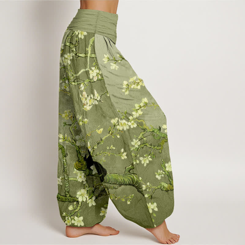 Buddha Stones Pantaloni harem da donna in puro cotone con motivo floreale e gatto, vita elasticizzata. - image 9