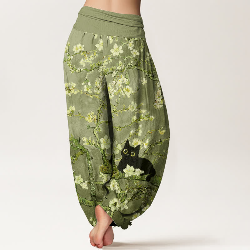 Buddha Stones Pantaloni harem da donna in puro cotone con motivo floreale e gatto, vita elasticizzata. - image 10