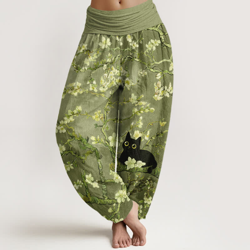 Buddha Stones Pantaloni harem da donna in puro cotone con motivo floreale e gatto, vita elasticizzata. - Verde oliva - US16, UK/AU20, EU48 (3XL) - image 8
