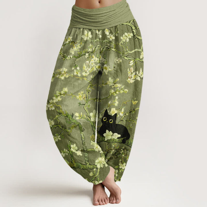 Buddha Stones Pantaloni harem da donna in puro cotone con motivo floreale e gatto, vita elasticizzata. - Verde oliva - US16, UK/AU20, EU48 (3XL) - image 8
